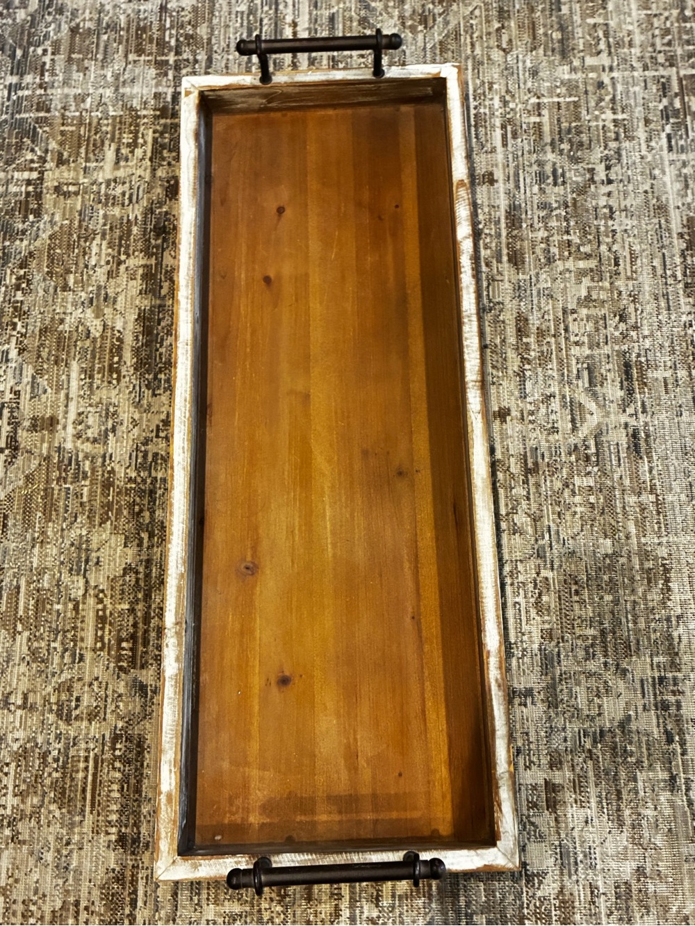 Rustic Wooden decorative Serving Tray with Metal Handles - Brown & White